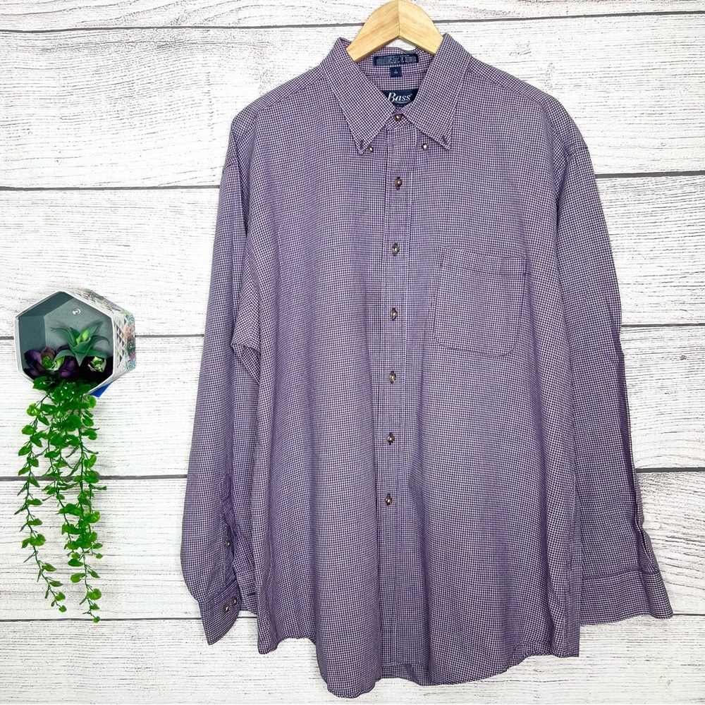 BASS Purple & White Checked Plaid Button Down Shirt 
Men’s Size 17.5 34/35 Tall